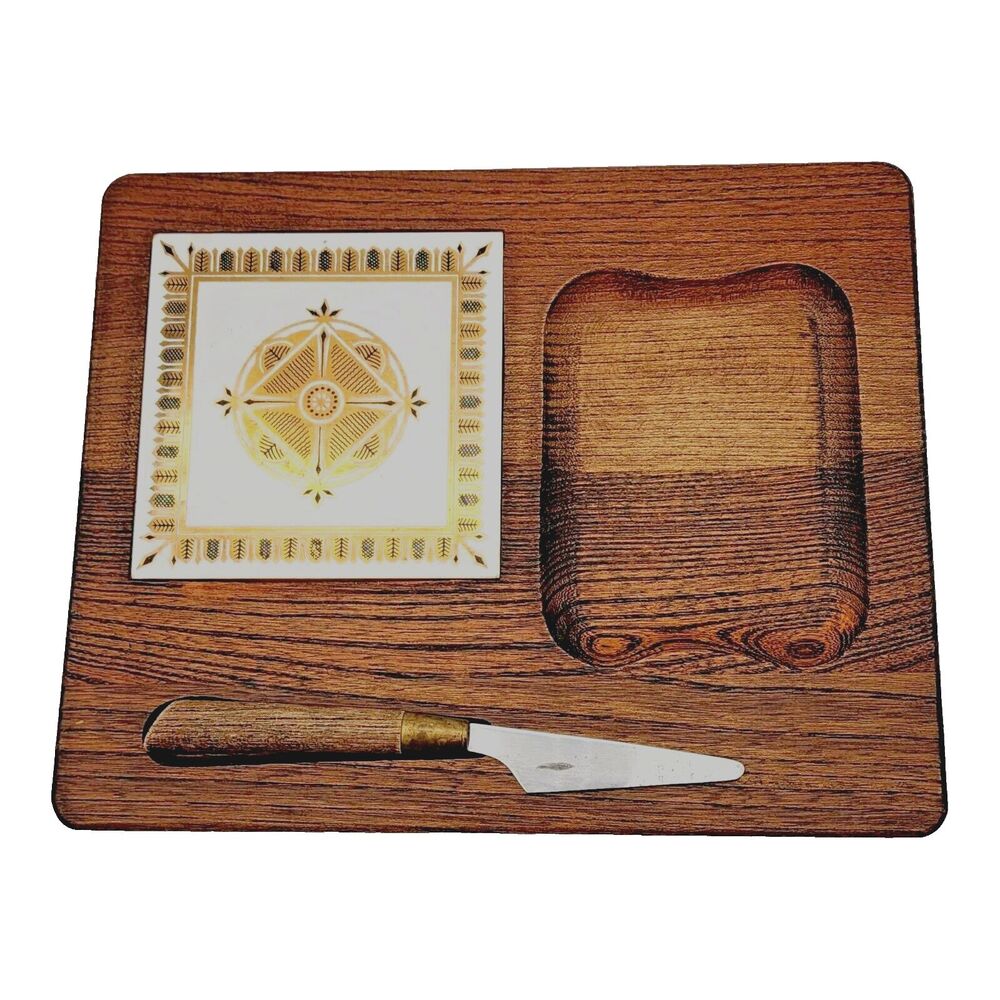 Wood & Tile Cheese Cutting Board with Knife VTG 70's Midcentury Modern L&M Japan